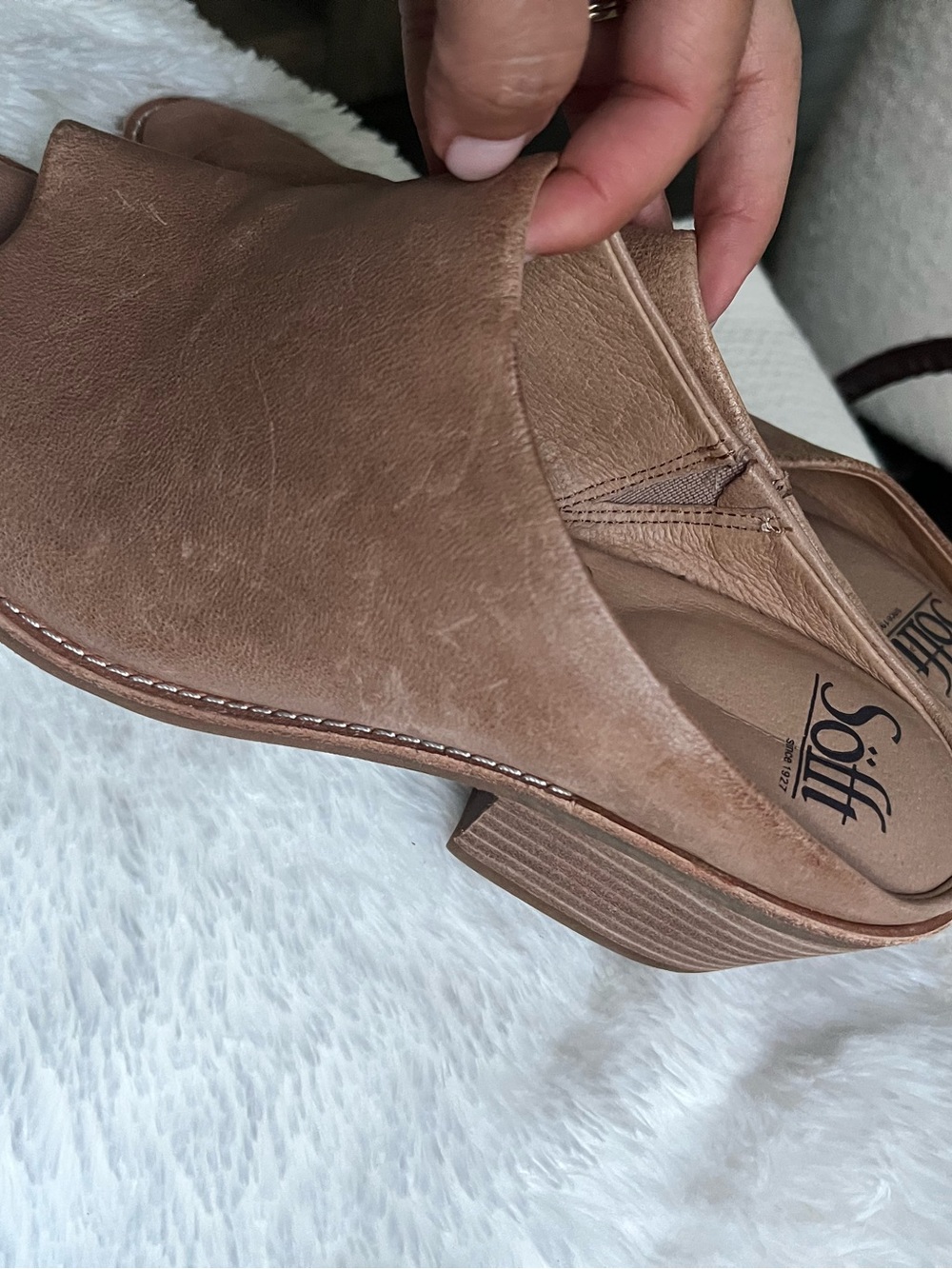 Sofft Women's Tan Leather Slip-On Mule with Low Stacked Heel